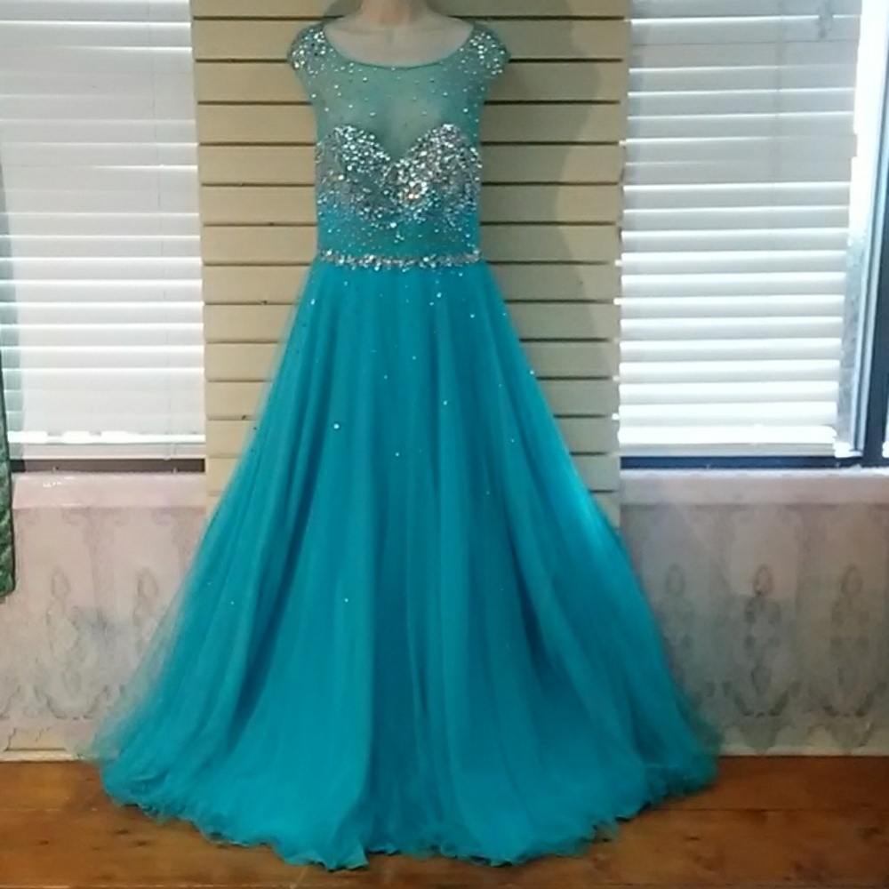 Light blue rhinestone formal prom dress
